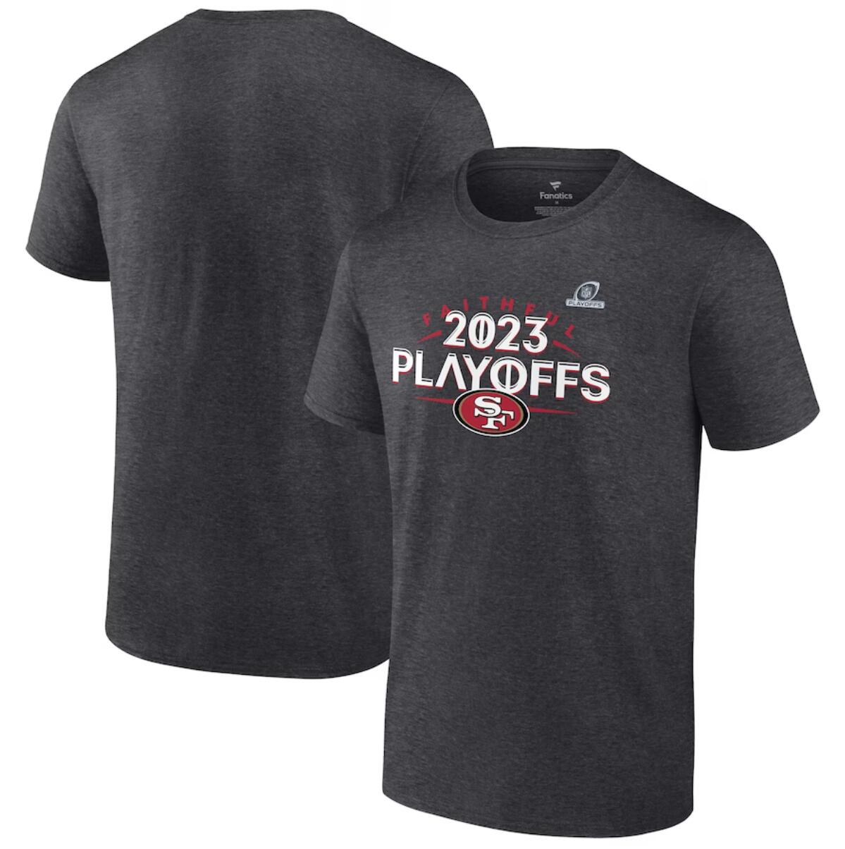 Men's San Francisco 49ers Heather Charcoal 2023 Playoffs T-Shirt - Click Image to Close